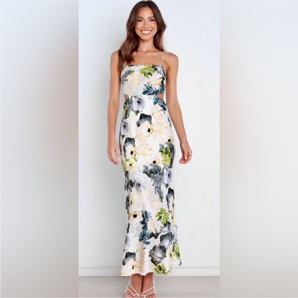 “PETAL + PUP” Jayne Floral Satin Slip Cut Out Maxi Dress